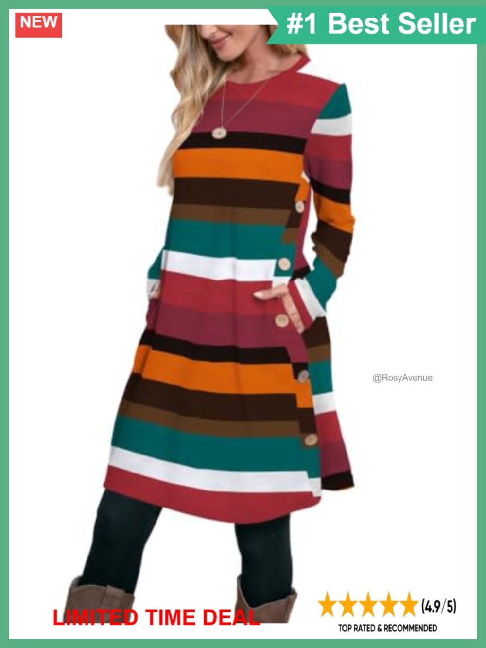 Women's Long Sleeve Tunic Dress with Pockets and Side Buttons
